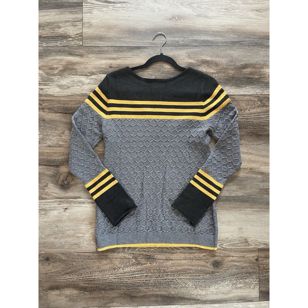 Women’s Gray Black Yellow Striped Textured Knit Crew Neck Pullover Sweater M